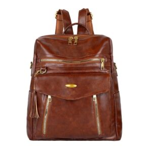 brown leather backpack with multiple zipper pockets