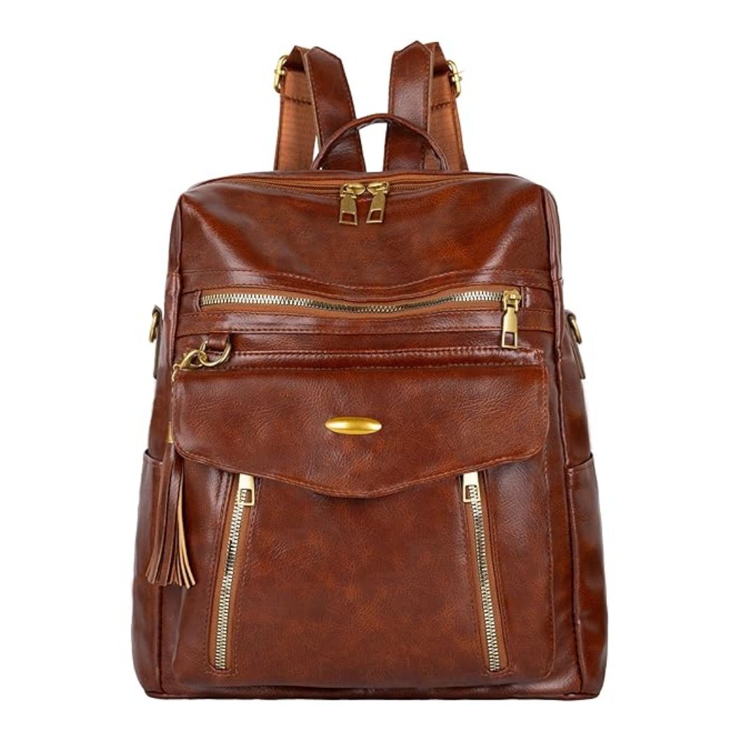 brown leather backpack with multiple zipper pockets brown leather backpack with multiple zipper pockets