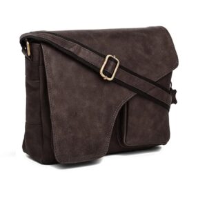 brown leather messenger bag with flap & shoulder strap