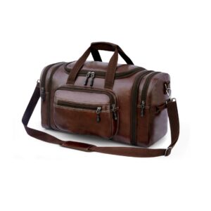 men’s brown leather travel duffel bag with pockets