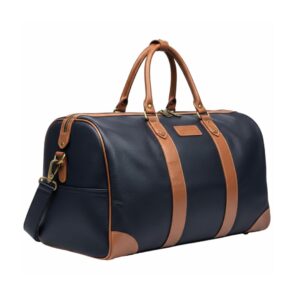 premium navy blue leather travel duffel bag with tan handles