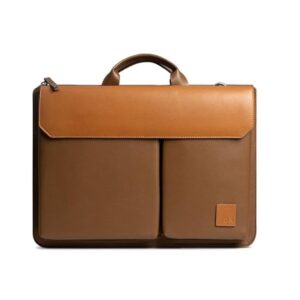 tan leather briefcase laptop bag with flap closure