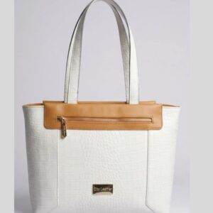 elegant croc texture white tote bag with tan accent – city leather shoulder handbag