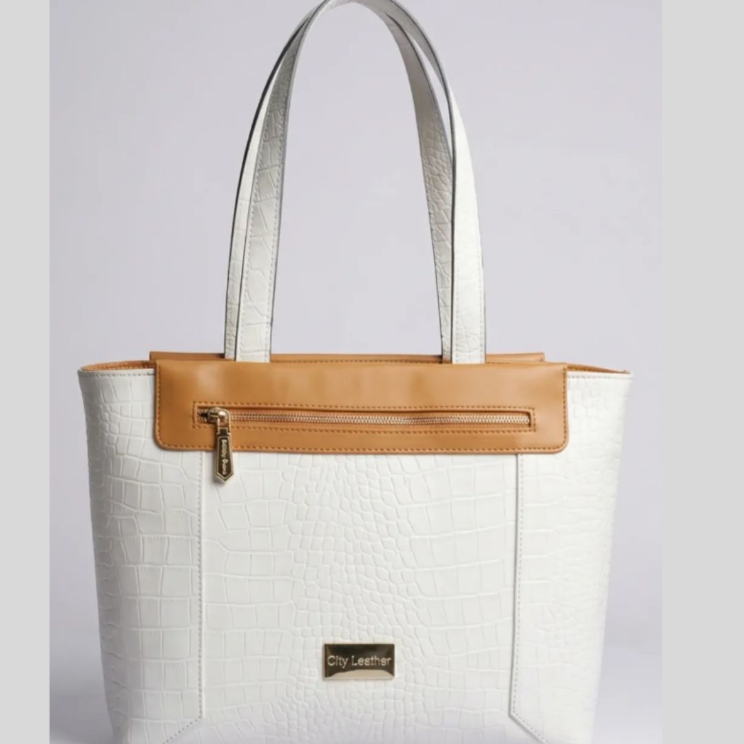 elegant croc texture white tote bag with tan accent – city leather shoulder handbag elegant croc texture white tote bag with tan accent – city leather shoulder handbag
