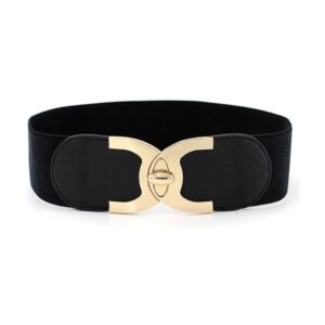 stylish black women’s elastic waist belt with gold buckle