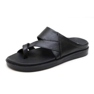 men’s black cross strap leather comfort slippers