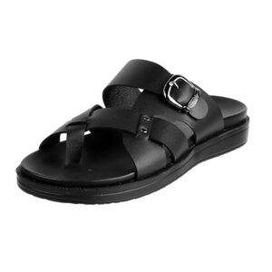 men’s black cross strap leather comfort slippers with buckle design