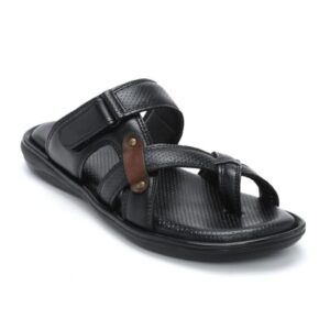 men’s black toe ring leather comfort slippers with adjustable strap