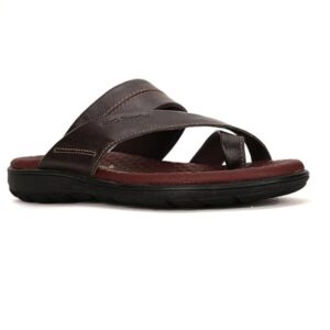 men’s brown cross strap leather comfort slippers