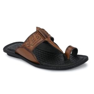 men’s brown toe ring leather comfort slippers