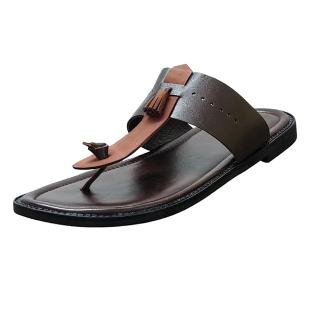 men’s brown toe ring leather ethnic slippers with tassel detail men’s brown toe ring leather ethnic slippers with tassel detail