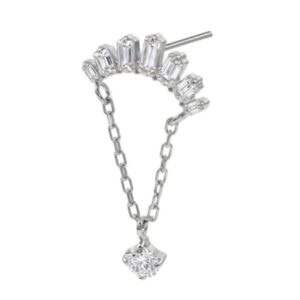g23 titanium threadless labret top with baguette cubic zirconia arc chain drop, sterling silver plated flat back piercing jewelry for lip, ear, tragus, helix & cartilage