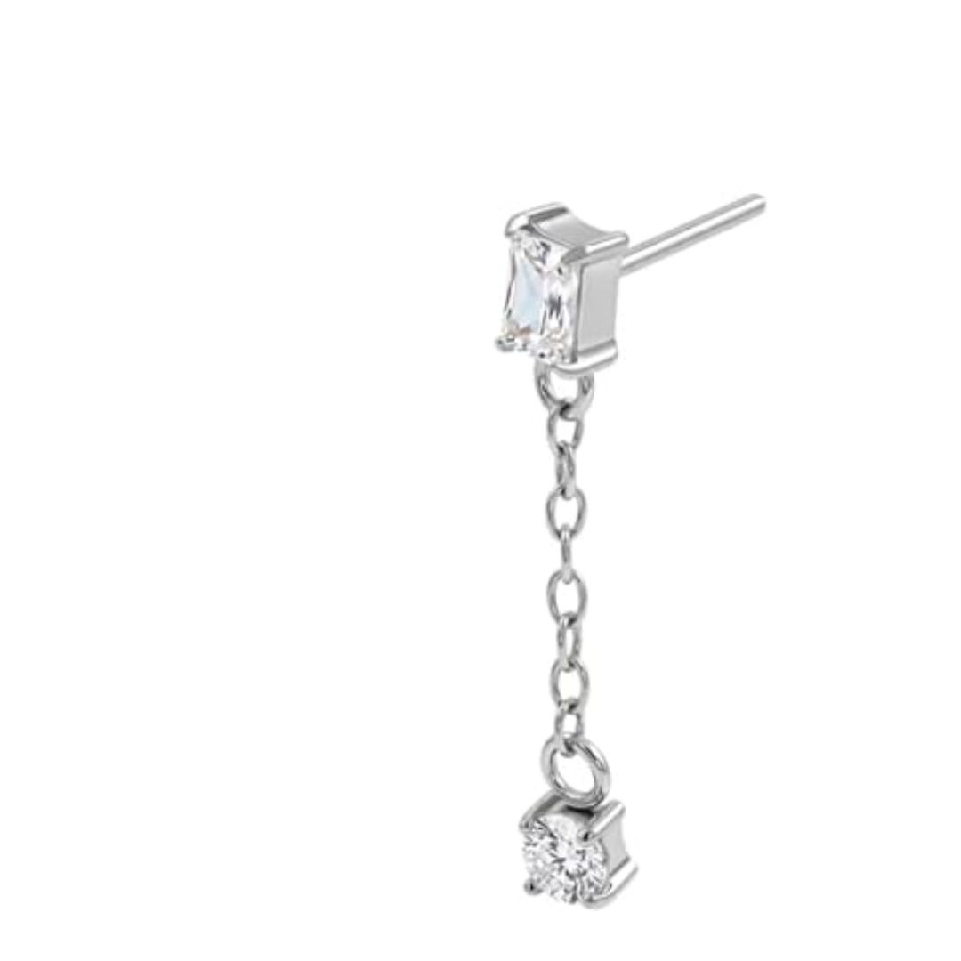 g23 titanium threadless labret top with baguette cubic zirconia chain drop, sterling silver plated flat back piercing jewelry, cz arc design for lip, ear, tragus, helix & cartilage piercings g23 titanium threadless labret top with baguette cubic zirconia chain drop, sterling silver plated flat back piercing jewelry, cz arc design for lip, ear, tragus, helix & cartilage piercings