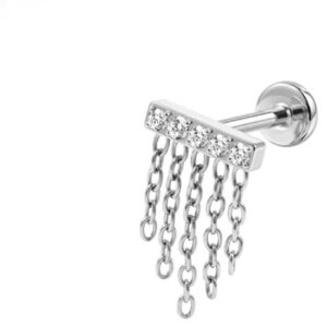 g23 titanium threadless flat back stud with cubic zirconia chain fringe design, sterling silver plated cz piercing jewelry for lip, ear, tragus, helix, cartilage & body piercing