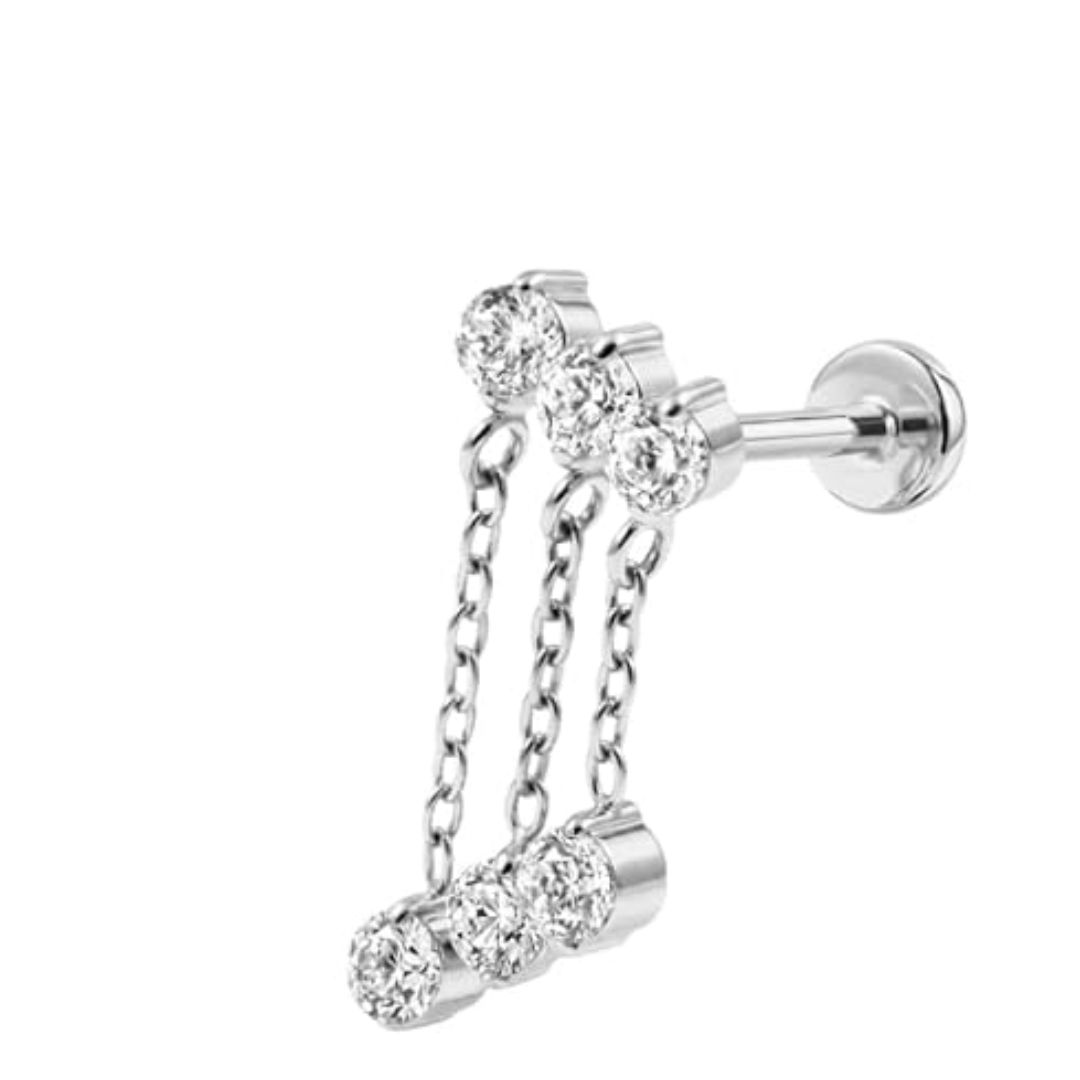 g23 titanium threadless flat back stud with triple cubic zirconia chain drape design, sterling silver plated cz piercing jewelry for lip, ear, tragus, helix, cartilage & body piercing g23 titanium threadless flat back stud with triple cubic zirconia chain drape design, sterling silver plated cz piercing jewelry for lip, ear, tragus, helix, cartilage & body piercing