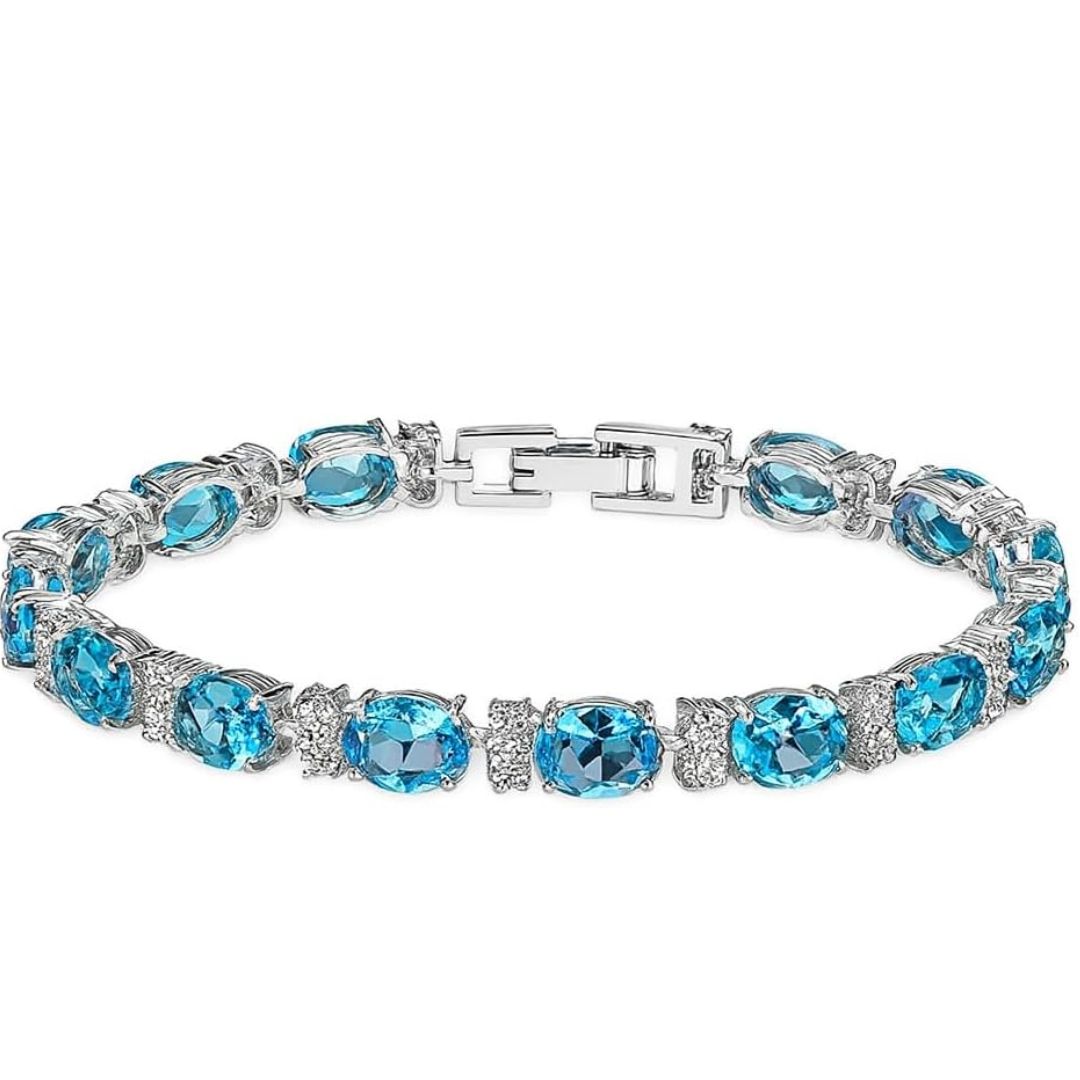 925 sterling silver blue crystal simulated diamond women’s tennis chain bracelet for wedding, party, anniversary & daily wear.