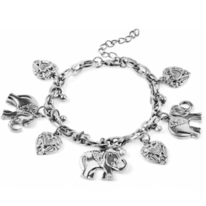 925 sterling silver charm bracelet with elephant & heart charms for women