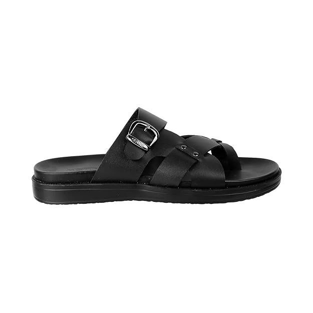 men’s black cross strap leather comfort slippers with buckle design men’s black cross strap leather comfort slippers with buckle design