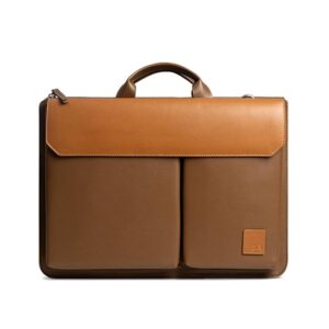 tan leather briefcase laptop bag with flap closure