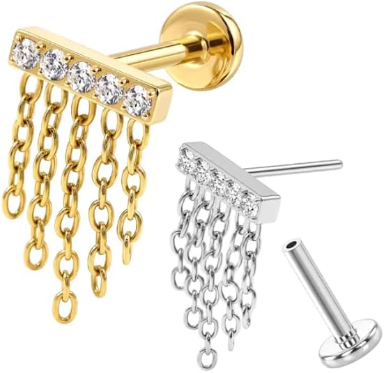 g23 titanium threadless flat back stud with cubic zirconia chain fringe design, sterling silver plated cz piercing jewelry for lip, ear, tragus, helix, cartilage & body piercing g23 titanium threadless flat back stud with cubic zirconia chain fringe design, sterling silver plated cz piercing jewelry for lip, ear, tragus, helix, cartilage & body piercing