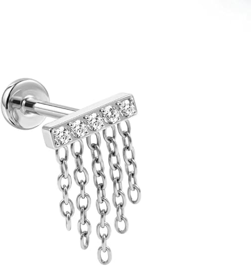 g23 titanium threadless flat back stud with cubic zirconia chain fringe design, sterling silver plated cz piercing jewelry for lip, ear, tragus, helix, cartilage & body piercing g23 titanium threadless flat back stud with cubic zirconia chain fringe design, sterling silver plated cz piercing jewelry for lip, ear, tragus, helix, cartilage & body piercing