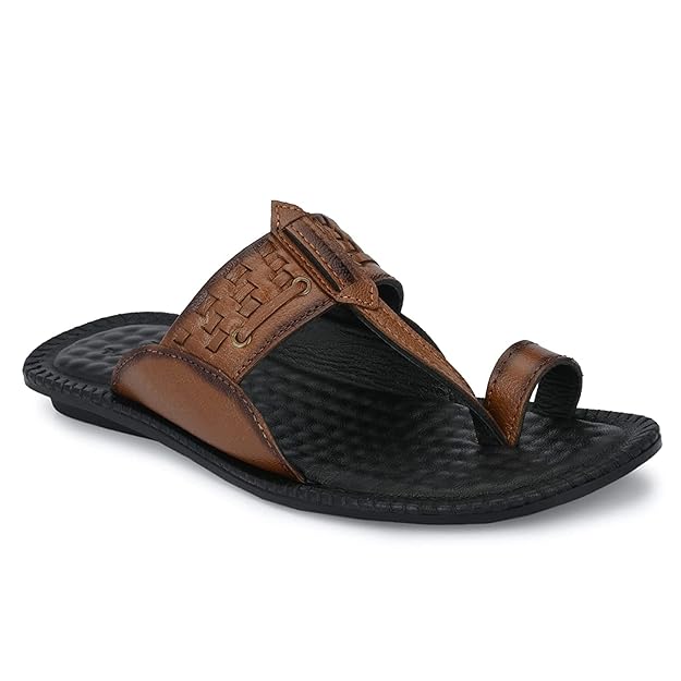men’s brown toe ring leather comfort slippers with dual strap design men’s brown toe ring leather comfort slippers with dual strap design
