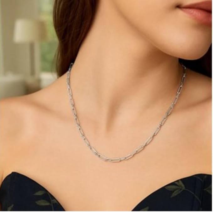sterling silver rhodium plated petite alternating paperclip chain (3.15 mm) for women wedding, engagement, anniversary, party, daily wear & christmas gift for her. sterling silver rhodium plated petite alternating paperclip chain (3.15 mm) for women wedding, engagement, anniversary, party, daily wear & christmas gift for her.