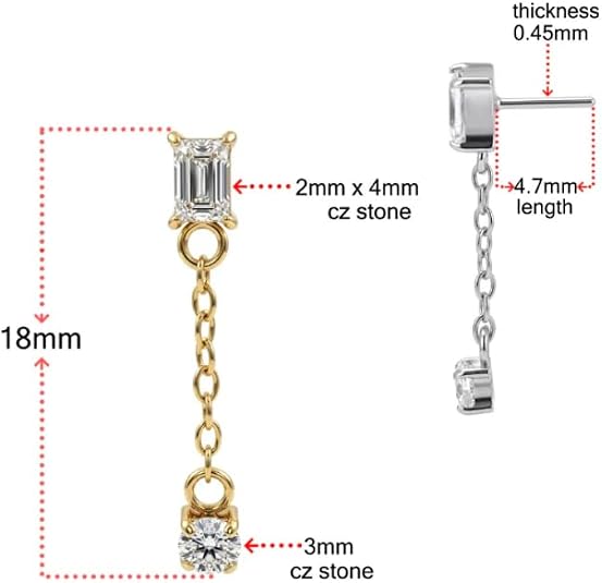 g23 titanium threadless labret top with baguette cubic zirconia chain drop, sterling silver plated flat back piercing jewelry, cz arc design for lip, ear, tragus, helix & cartilage piercings g23 titanium threadless labret top with baguette cubic zirconia chain drop, sterling silver plated flat back piercing jewelry, cz arc design for lip, ear, tragus, helix & cartilage piercings