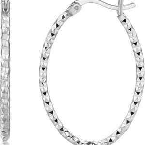 sterling silver(2x25mm) ornate textured diamond rhodium plated cut oval motif women hoop