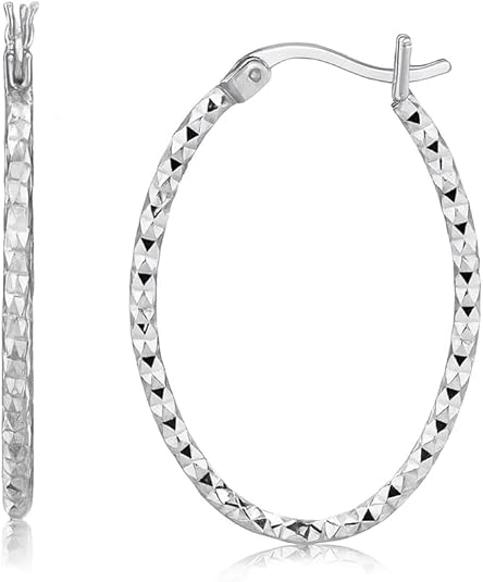 sterling silver(2x25mm) ornate textured diamond rhodium plated cut oval motif women hoop sterling silver(2x25mm) ornate textured diamond rhodium plated cut oval motif women hoop