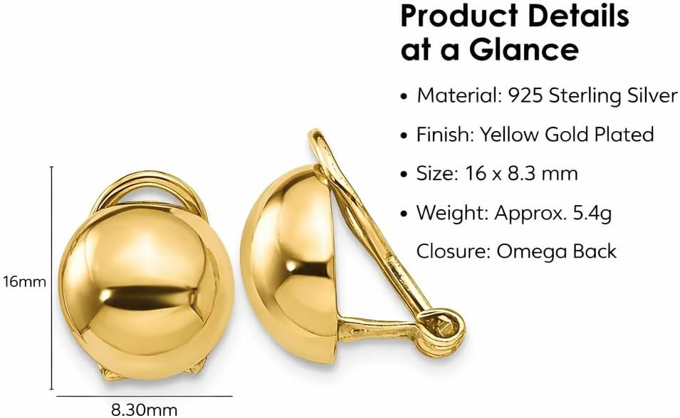18k gold plated sterling silver yellow (16x8.30mm) puffed button omega earrings for women wedding, engagement, anniversary, party, daily wear ball studs hypoallergenic jewelry. 18k gold plated sterling silver yellow (16x8.30mm) puffed button omega earrings for women wedding, engagement, anniversary, party, daily wear ball studs hypoallergenic jewelry.