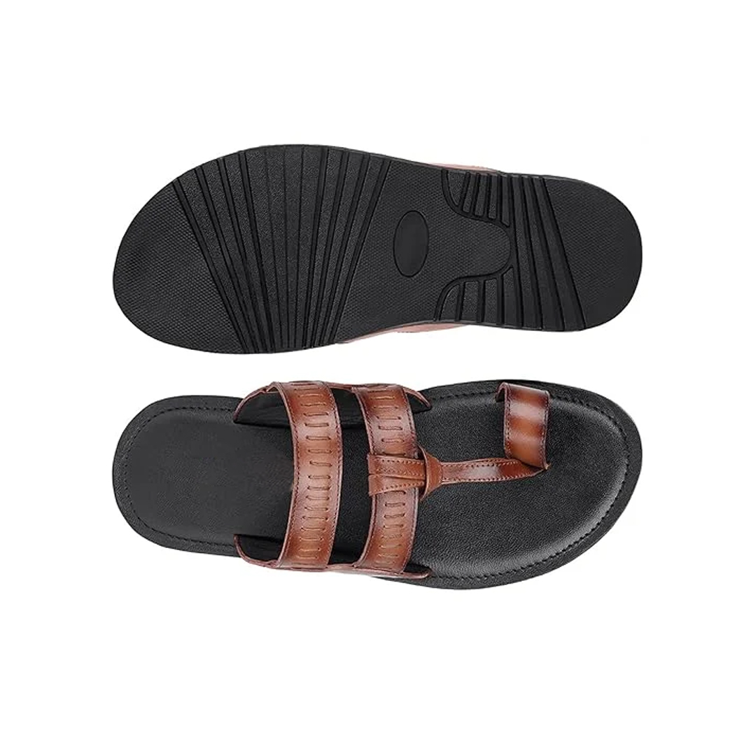 men’s brown toe ring leather comfort slippers with dual strap design men’s brown toe ring leather comfort slippers with dual strap design
