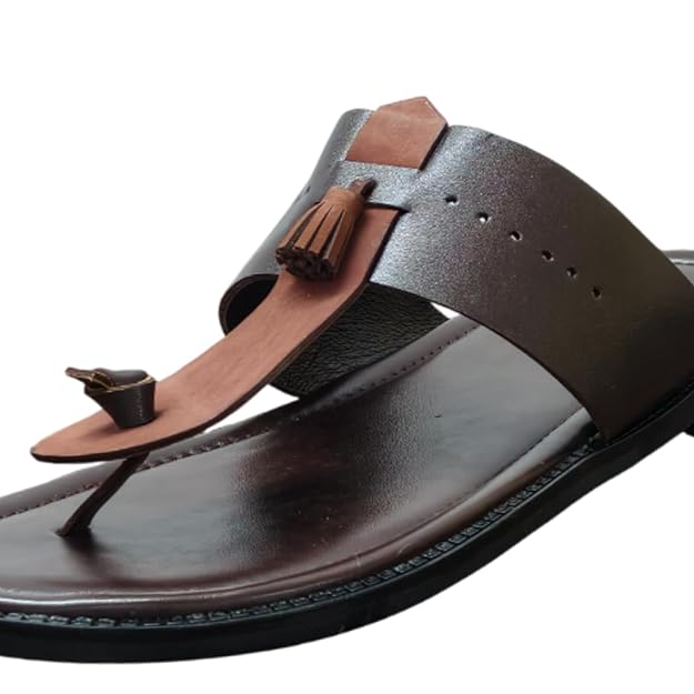 men’s brown toe ring leather ethnic slippers with tassel detail men’s brown toe ring leather ethnic slippers with tassel detail
