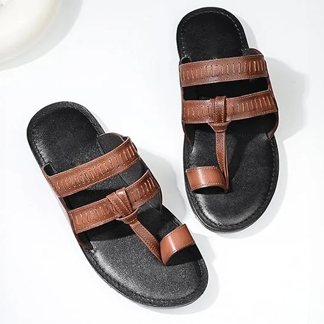 men’s brown toe ring leather comfort slippers with dual strap design men’s brown toe ring leather comfort slippers with dual strap design