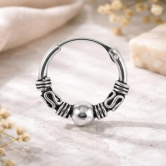 925 sterling silver bali style oxidised nose ring – tribal center beaded hinged segment hoop 925 sterling silver bali style oxidised nose ring – tribal center beaded hinged segment hoop