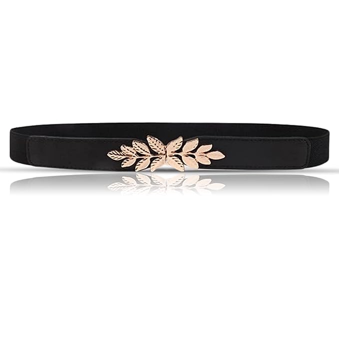 elegant black women’s waist belt with gold leaf buckle.
