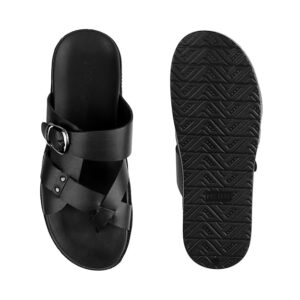 men’s black cross strap leather comfort slippers with buckle design