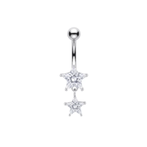 925 sterling silver double star cz dangle belly bar