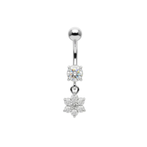 925 sterling silver cz jewelled flower dangling belly bar